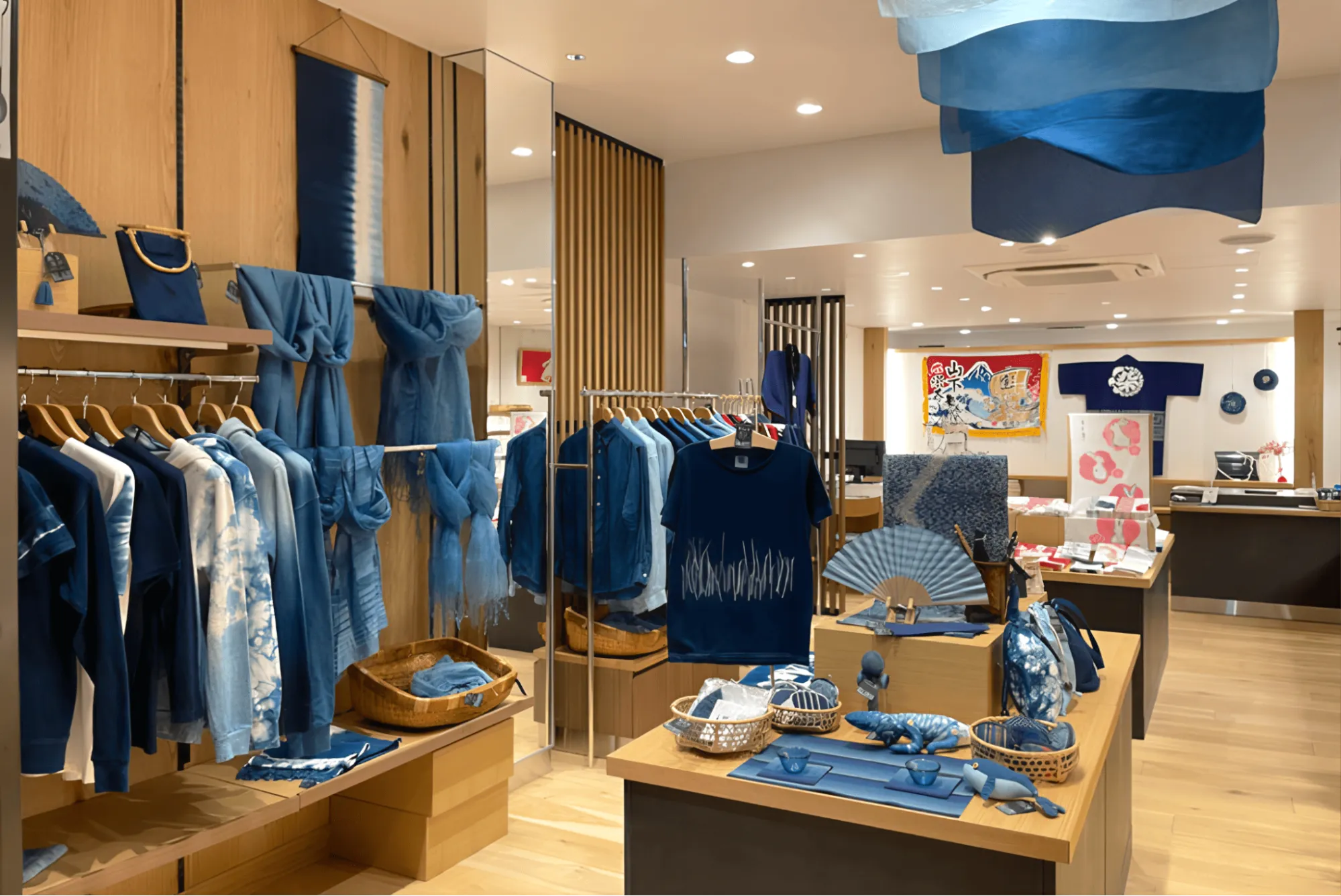 店頭では、藍染体験・さまざまな藍染商品のほか、オーダーメイドに関するご相談も承っております。